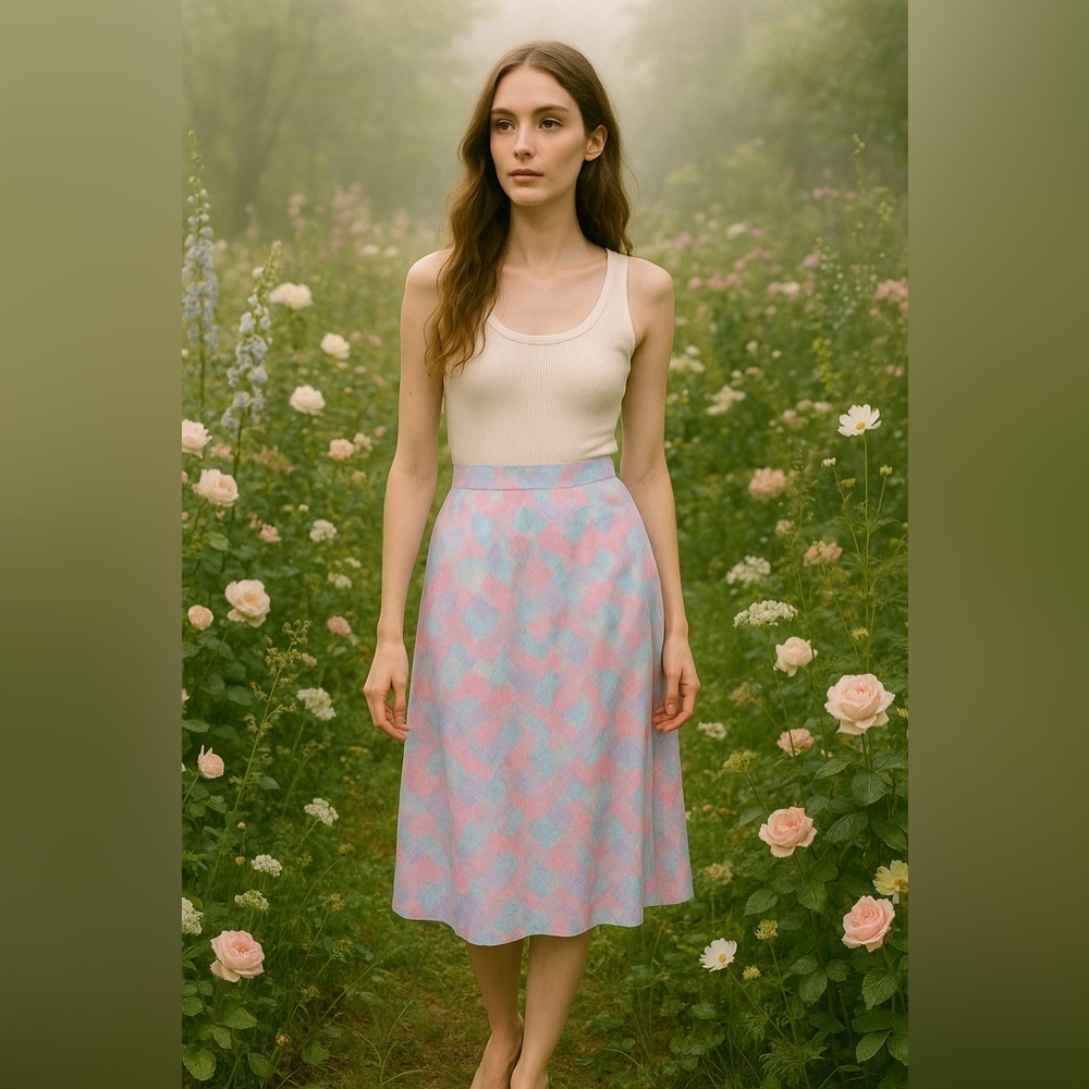 Vintage European Midi Skirt Cotton Candy Baby Blue Baby Pink Lavender Size 6‌‌